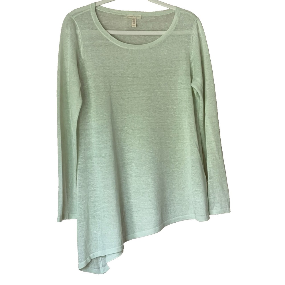 Eileen Fisher‎ Green Semi Sheer High Low Linen Blend Long Sleeve Top Size XS/TP